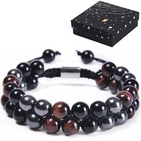 Triple Protection Bracelet for Men Bring Luck And Prosperity 8mm Beads Hematite Black Obsidian Tiger Eye Natural Stone Bracelets Double Woven Yoga Beaded Bracelet for Women (Red Tiger Eye)
