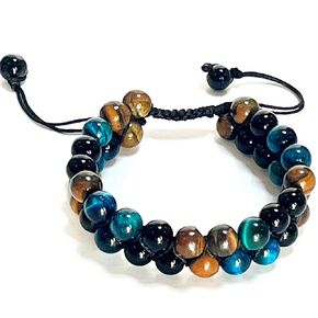 Handmade Triple Protection Bracelet,Bracelets for Men Women Natural Tiger Eye Jewelry Stone Hematite and Blue Stone Hematite 8mm Crystal Bracelet - Adjustable Size with Premium Gift-Box