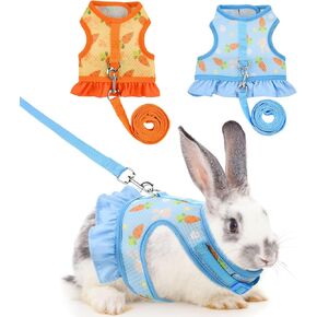 Vehomy 2Pcs Rabbit Harness and Leash for Bunny Guinea pig Dress Clothes Adjustable Small Animal Soft Mesh Vest Outfit with Carrot Rabbit Pattern for Ferret Chinchilla Bunny Guinea pig Blue & Pink M