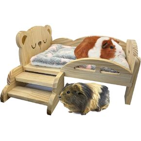Wooden Guinea Pig Bed with Stairs and Mat, Washable Soft Small Animal Bed,Guinea Pig Hideout, Detachable Small Pet Hideout for Guinea Pig Hamsters Dwarf Rabbits Chinchilla Squirrel
