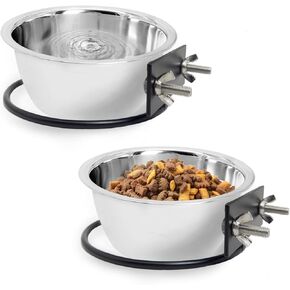 Fhiny 2Pack Dog Crate Water Bowl, Stainless Steel Dog Bowls for Kennel No Spill Removable Pet Cage Dish Hanging Food & Water Feeder Coop Cup for Cat Puppy Ferret Birds (M)