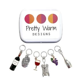 Wine Lover Knitting Stitch Markers with Storage Case | Handmade by Pretty Warm Designs | Cute Metal Ring Charm Knit Marker Set Knitter Gifts Christmas Wine Grapes Champagne Corkscrew Fun Unique Gift