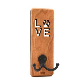 Handcrafted Cherry Wood Love Paw Leash Holder with Black Satin Hook