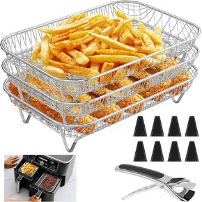 Air Fryer Rack for Ninja Dual Basket, 3 Layers, 304 Stainless Steel Stacking Bacon Air Fryer Accessories for Ninja AF300UK, Salter/Instant/EMtronics Double Drawer, with Clip