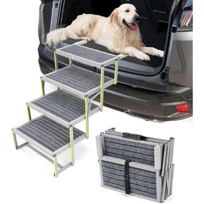 Veehoo Dog Ramp for Car, Folding Dog Stairs for Large Dogs with Non-Slip Artificial Grass Surface, Portable Aluminum Dog Steps for SUV, Truck, High Beds, Supports Up to 170 Lb, 5 Steps
