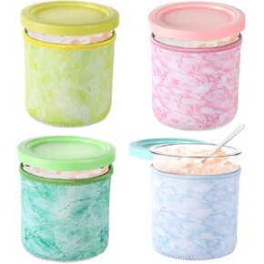 4pcs Ice Cream Neoprene Sleeves, Reusable Ice Cream Pint Sleeve Insulated Cover for 24oz Ninja Creami NC501 NC500 Series Ice Cream Maker Containers, No Containers (4 Colors)