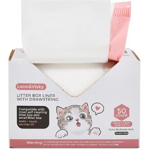 Leon&Visky Litter Box Liner With Drawstring, 50 Count, Compatible with Litter-Robot 4 and Litter-Robot 3, Heavy Duty Extra Thickness 2 mil