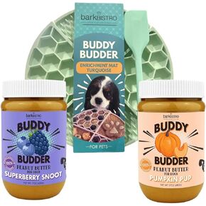BUDDY BUDDER Superberry Snoot + Pumpkin Pup Blue Dog Enrichment Mat Combo, 100% Natural Dog Peanut Butter, Healthy Dog Treats - Made in USA (Set of 2 / 17oz Jars + Lickmat)