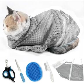 Adjustable Multifunctional Anti-Bite Shower net Bag，Cat Grooming Mesh Bag, Cat Bathing Bag，Cat Bath Brush and Cat Nail Clipper