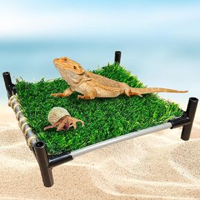 Bearded Dragon Resting Lawn Hammock Bed, Simulation Grass Lizard Climbing Bed, Green Bed Platform Lounger Habitat Decor for Bearded Dragon Gecko Lizard Hermit Crabs Tortoise (Large)