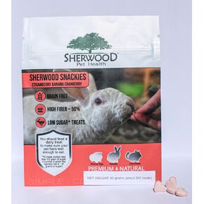Sherwood Pet Health Strawberry, banana, cranberry treats for rabbits, guinea pigs and chinchillas. Low sugar and grain free.