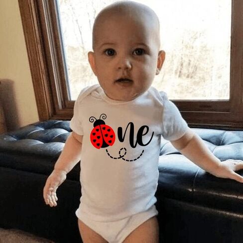 Ladybug One Birthday Onesie Baby Girl Boy First Birthday Bodysuit Party Theme One Piece Romper Sunsuit Photoshoot (12-18 Months, Ladybug-Short Sleeve Romper) in Saudi Arabia