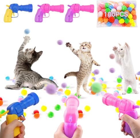 قاذفة كرات لعبة للقطط، 3 قطع قاذفة كرات للقطط مع 100 قطعة من كرات بوم بومس، كرات لعبة للقطط، ألعاب تفاعلية للقطط للقطط الصغيرة في الأماكن المغلقة، لعبة جلب القطط للتدريب على لعب المطاردة in Kuwait