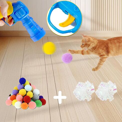Cat Toy Ball Launcher Gun, Plush Ball Cat Pill Shooter with 30Pcs Pom Pom Balls, Best Cat Toys for Indoor Cats Must Haves, Interactive for Bored,Adult Cats,Kittens, Cat Gifts for Crinkle Ball in Saudi Arabia
