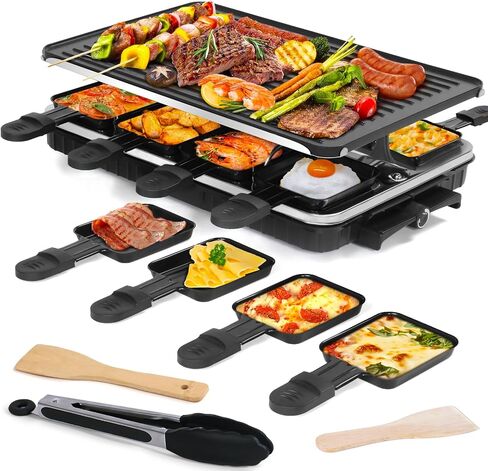 Raclette Table Grill, Electric Indoor Grill Korean BBQ Grill 2 in 1 Electric Griddle Nonstick with 8 Raclette Cheese Pans 1 Tong Adjustable Temperature Control 1300W Ideal for Family and Party Fun in Saudi Arabia