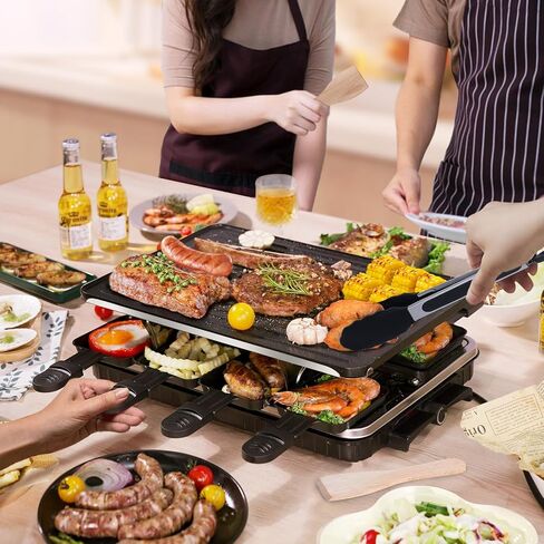 Raclette Table Grill, Electric Indoor Grill Korean BBQ Grill 2 in 1 Electric Griddle Nonstick with 8 Raclette Cheese Pans 1 Tong Adjustable Temperature Control 1300W Ideal for Family and Party Fun in Saudi Arabia