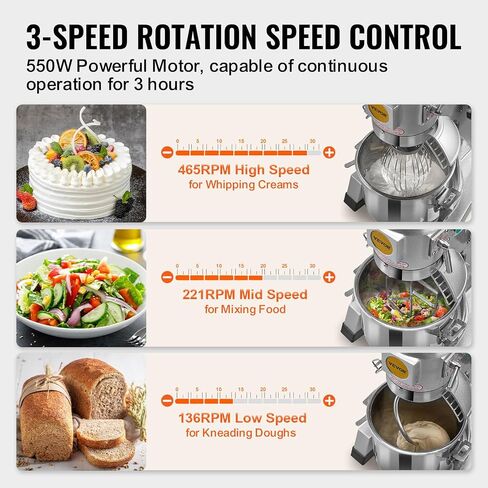 VEVOR Commercial Food Mixer, 15Qt Capacity with Timer, 500W Stainless Bowl Durable Electric Mixer for Commercial Use, 3 Speed Options 113/184/341 RPM, Includes Dough Hook & Whisk in Saudi Arabia