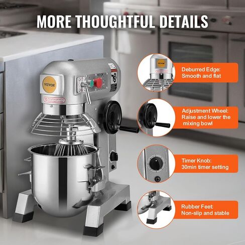 VEVOR Commercial Food Mixer, 15Qt Capacity with Timer, 500W Stainless Bowl Durable Electric Mixer for Commercial Use, 3 Speed Options 113/184/341 RPM, Includes Dough Hook & Whisk in Saudi Arabia
