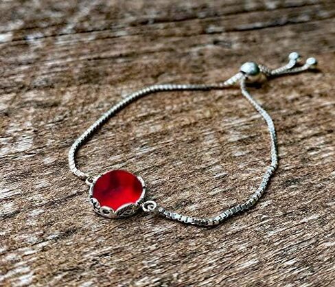 Bottled Up Designs Handmade Vintage Botanical Series Adjustable Slider Bracelet, Recycled Glass, Sterling Silver, Eco Friendly, Made in USA, Birthday Gifts, Mothers Day, Women (Red Beer Bottle) in Saudi Arabia