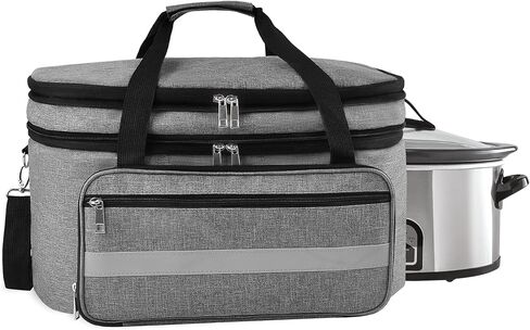 2 Layer Slow Cooker Carrying Bag, Compatible with 6-8 Quarts Oval Crock-pot, Insulated Slow Cooker Travel Carrier with Lid Fasten Straps, Slow Cooker Bags for Family Gathering Travel, Gray in Saudi Arabia