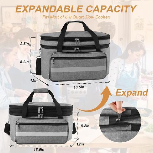 2 Layer Slow Cooker Carrying Bag, Compatible with 6-8 Quarts Oval Crock-pot, Insulated Slow Cooker Travel Carrier with Lid Fasten Straps, Slow Cooker Bags for Family Gathering Travel, Gray in Saudi Arabia