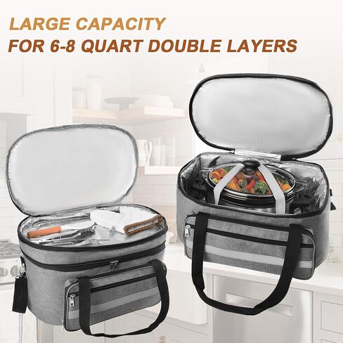 2 Layer Slow Cooker Carrying Bag, Compatible with 6-8 Quarts Oval Crock-pot, Insulated Slow Cooker Travel Carrier with Lid Fasten Straps, Slow Cooker Bags for Family Gathering Travel, Gray in Saudi Arabia