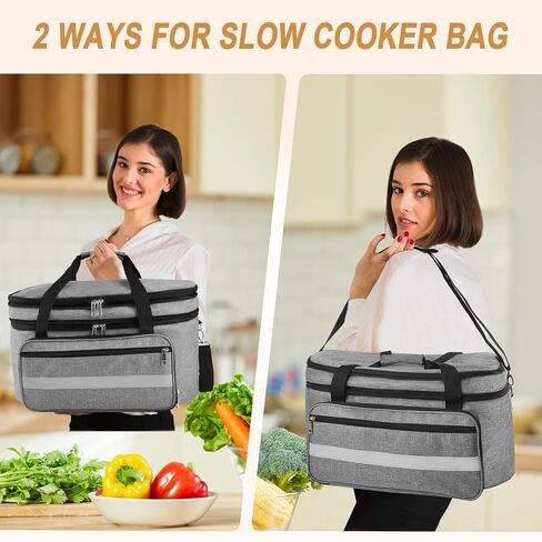 2 Layer Slow Cooker Carrying Bag, Compatible with 6-8 Quarts Oval Crock-pot, Insulated Slow Cooker Travel Carrier with Lid Fasten Straps, Slow Cooker Bags for Family Gathering Travel, Gray in Saudi Arabia