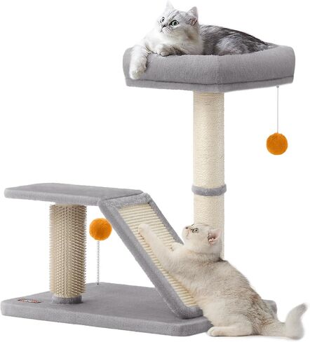 Feandrea Cat Scratching Post with Bed, Multifunctional Cat Scratcher with Perch, Rotatable Ramp, Self-Groomer, Pompoms, Small Cat Tree for Indoor Cats, Dark Gray UPCA024G02 in Kuwait