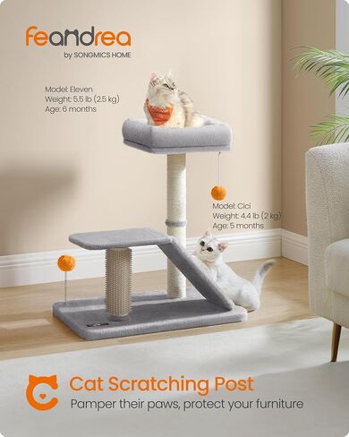 Feandrea Cat Scratching Post with Bed, Multifunctional Cat Scratcher with Perch, Rotatable Ramp, Self-Groomer, Pompoms, Small Cat Tree for Indoor Cats, Dark Gray UPCA024G02 in Kuwait
