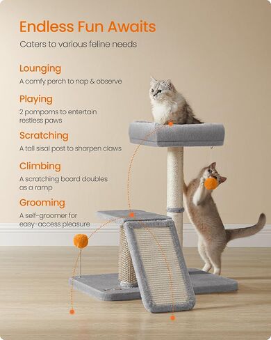 Feandrea Cat Scratching Post with Bed, Multifunctional Cat Scratcher with Perch, Rotatable Ramp, Self-Groomer, Pompoms, Small Cat Tree for Indoor Cats, Dark Gray UPCA024G02 in Kuwait