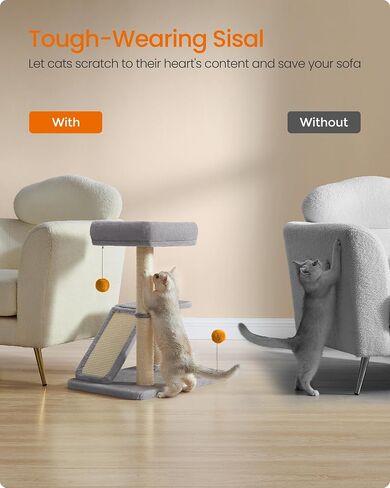 Feandrea Cat Scratching Post with Bed, Multifunctional Cat Scratcher with Perch, Rotatable Ramp, Self-Groomer, Pompoms, Small Cat Tree for Indoor Cats, Dark Gray UPCA024G02 in Kuwait