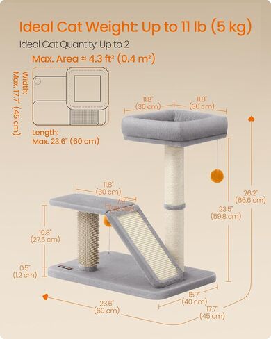 Feandrea Cat Scratching Post with Bed, Multifunctional Cat Scratcher with Perch, Rotatable Ramp, Self-Groomer, Pompoms, Small Cat Tree for Indoor Cats, Dark Gray UPCA024G02 in Kuwait