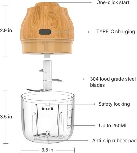 Electric Garlic, Fruit, and Vegetable Mini Food Chopper: Compact Wireless Processor Ideal for Ginger, Chili, Meat, and More, 250ML, Wood in Saudi Arabia