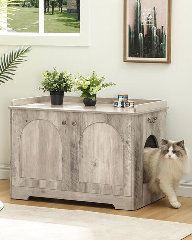 Cat Litter Box Enclosure with Handles, Hidden Litter Box Furniture with Removable Partition, Wooden Pet House Side End Table, for Living Room, Bedroom, Greige CB05705X in Saudi Arabia