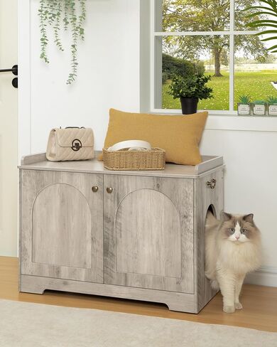 Cat Litter Box Enclosure with Handles, Hidden Litter Box Furniture with Removable Partition, Wooden Pet House Side End Table, for Living Room, Bedroom, Greige CB05705X in Saudi Arabia