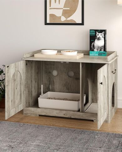 Cat Litter Box Enclosure with Handles, Hidden Litter Box Furniture with Removable Partition, Wooden Pet House Side End Table, for Living Room, Bedroom, Greige CB05705X in Saudi Arabia