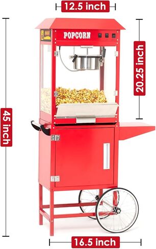 آلة الفشار التجارية، عربة آلة الفشار مع غلاية من الفولاذ المقاوم للصدأ سعة 8 أونصة تصنع ما يصل إلى 32 كوبًا، سطح تسخين ساخن، آلة صنع الفشار العتيقة، أحمر in Kuwait