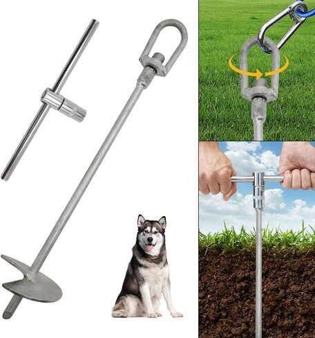 Dog Tie Out Stake - Galvanized Dog Stake with Universal Rope Ring for Large Dogs up to 200 lbs, Dog Anchor, and Dog Gadget | Use Any Dog Tie Out Cable or Dog Yard Leash in Kuwait