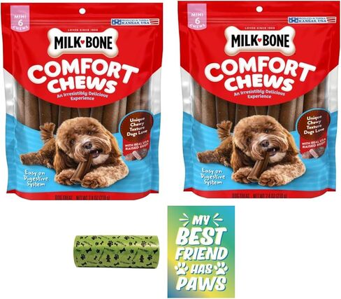 حلوى ميلك بون ميني كومفورت للمضغ من لحم البقر الحقيقي للكلاب، عبوتان - 7.4 أونصة - بالإضافة إلى لفة أكياس البراز الصديقة للبيئة وملصق فينيل My Best Friend in Kuwait