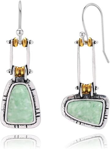 Vintage Boho Earrings for Women Girls Creative Handmade Silver Bohemian Retro Green Emerald Gemstone Dangle Drop Asymmetrical Statement Earrings Jewelry Gifts (Square Turquoise) in Saudi Arabia