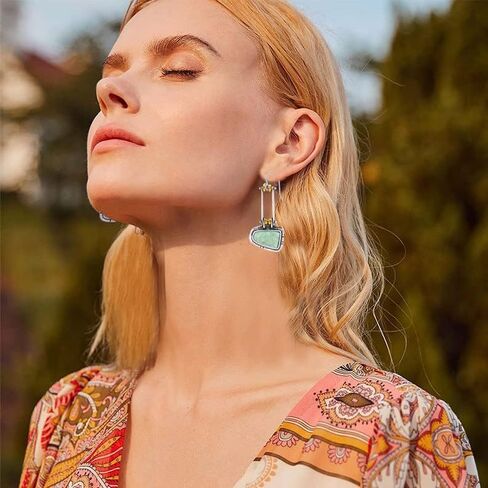 Vintage Boho Earrings for Women Girls Creative Handmade Silver Bohemian Retro Green Emerald Gemstone Dangle Drop Asymmetrical Statement Earrings Jewelry Gifts (Square Turquoise) in Saudi Arabia