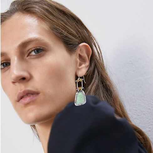 Vintage Boho Earrings for Women Girls Creative Handmade Silver Bohemian Retro Green Emerald Gemstone Dangle Drop Asymmetrical Statement Earrings Jewelry Gifts (Square Turquoise) in Saudi Arabia