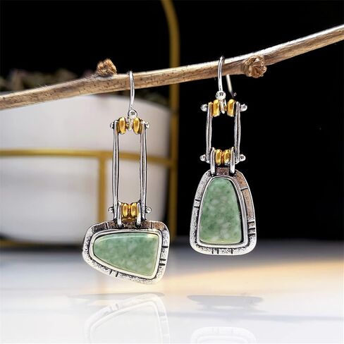 Vintage Boho Earrings for Women Girls Creative Handmade Silver Bohemian Retro Green Emerald Gemstone Dangle Drop Asymmetrical Statement Earrings Jewelry Gifts (Square Turquoise) in Saudi Arabia