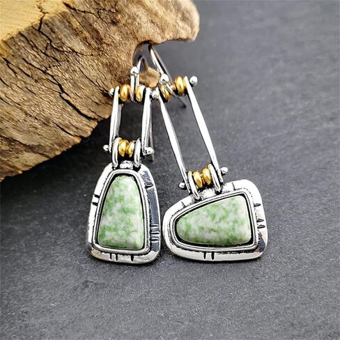 Vintage Boho Earrings for Women Girls Creative Handmade Silver Bohemian Retro Green Emerald Gemstone Dangle Drop Asymmetrical Statement Earrings Jewelry Gifts (Square Turquoise) in Saudi Arabia