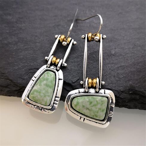 Vintage Boho Earrings for Women Girls Creative Handmade Silver Bohemian Retro Green Emerald Gemstone Dangle Drop Asymmetrical Statement Earrings Jewelry Gifts (Square Turquoise) in Saudi Arabia