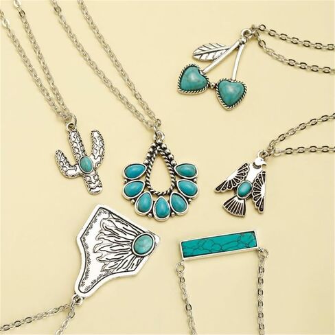 Handmade Turquoise Western Necklace Earring Set for Women Girls Boho Oval Flower Cross Earrings Bohemian Vintage Statement Pendant Necklace Western Cowgirl Turquoise Jewelry (Cherry) in Saudi Arabia