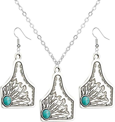 Handmade Turquoise Western Necklace Earring Set for Women Girls Boho Oval Flower Cross Earrings Bohemian Vintage Statement Pendant Necklace Western Cowgirl Turquoise Jewelry (Cherry) in Saudi Arabia
