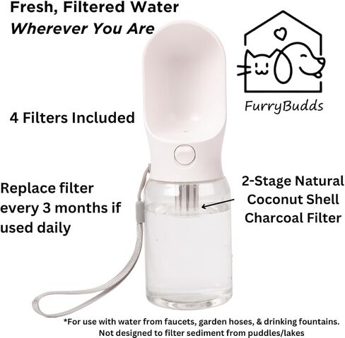Filtered Dog Water Bottle Leak Proof Portable Travel Dog Water Dispenser with Filter - Perfect Doggie Drinking Bowl On The Go for Outdoor Walking and Hiking - Pet Accessories (White, 12oz) in Saudi Arabia