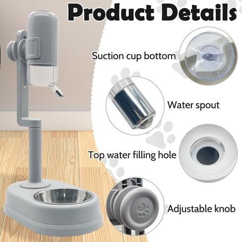 Dog Water Feeder Bottle with Stand, Dispenser Automatic Water Food Bowl for Cage No-Drip Leak-Proof Raised Pet Slow Water Bottle Adjustable Dog Kennel Drinker Durable Container (Grey) in Saudi Arabia