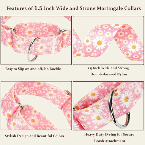Martingale Collar 1.5 Inches Wide Girl Dog Collar, Heavy Duty Adjustable Collar with Pink Daisy Floral, Perfect Collar for Dogs with Larger Heads & Necks (L) in Saudi Arabia